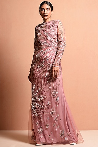 Blush Pink Sequins Embellished Gown by Vivek Patel