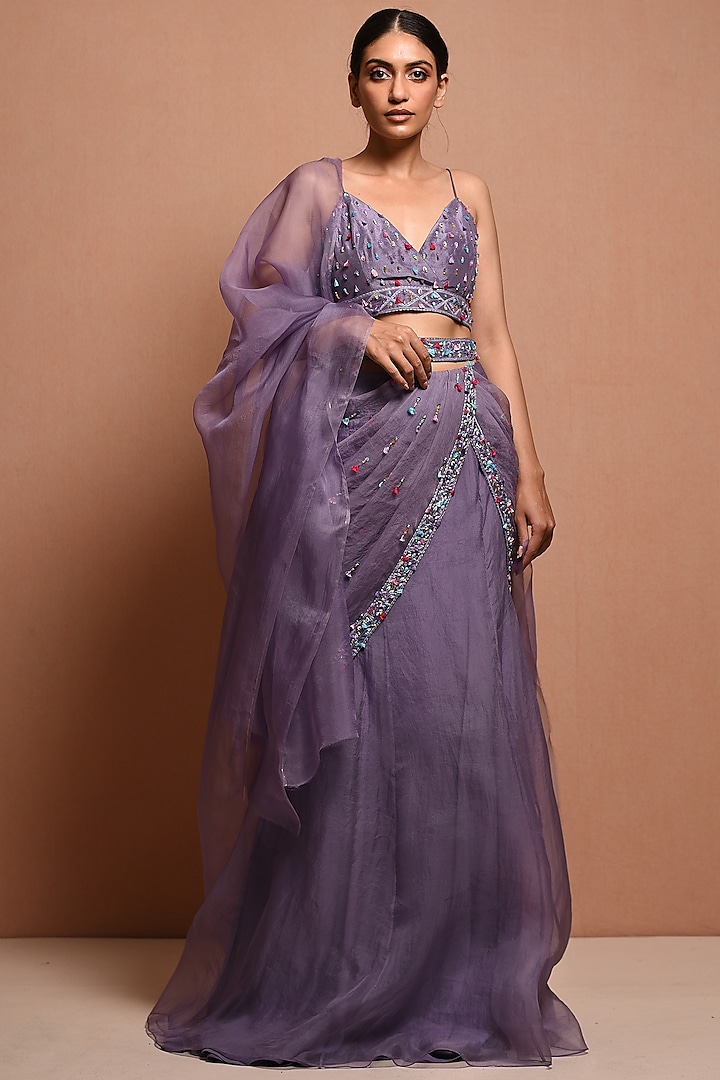 Purple Beads Embellished Saree Gown Set by Vivek Patel