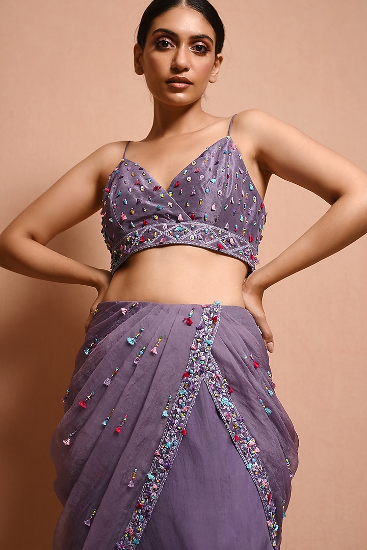 Purple Beads Embellished Wedding Saree Gown Set by Vivek Patel at Pernia's Pop Up Shop