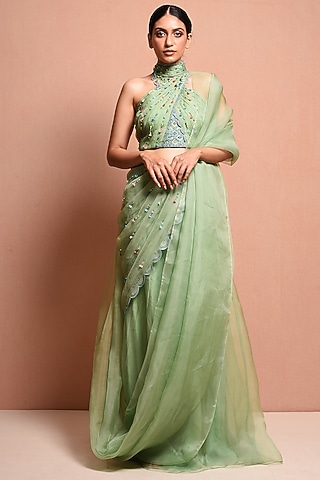 Mint Green Embellished Saree Gown Set by Vivek Patel