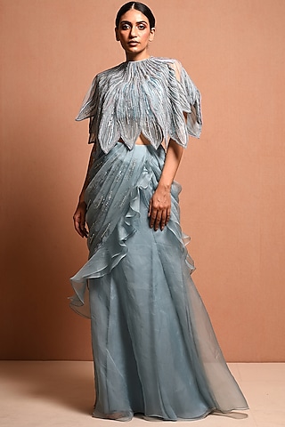 Sky Blue Embellished Cape Set by Vivek Patel