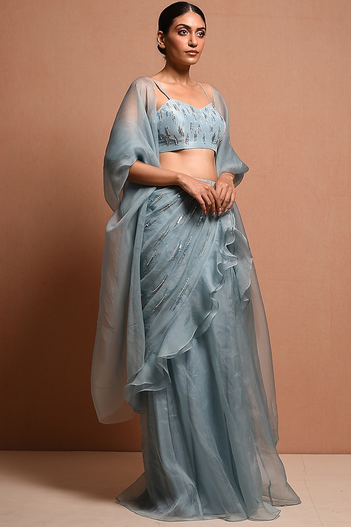 Sky Blue Embellished Cape Set by Vivek Patel at Pernia's Pop Up Shop