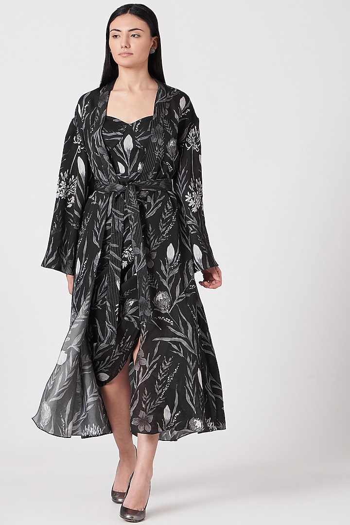 Black Digital Printed Draped Dress by Vivek Patel