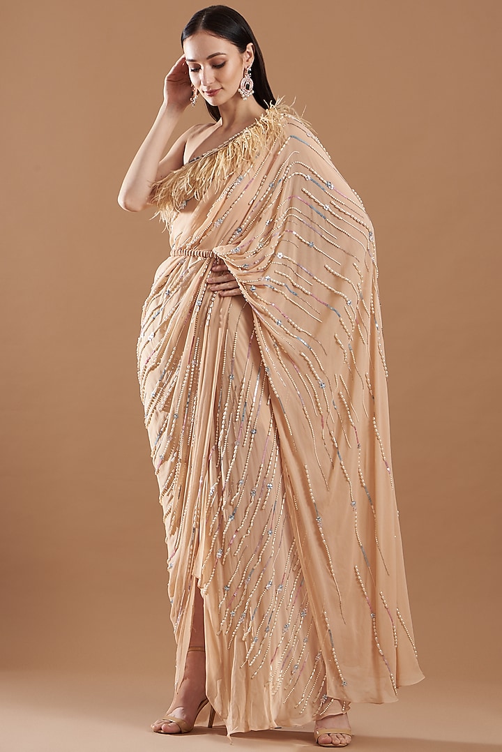Gold Hand Embroidered Gown saree by VIVEK PATEL