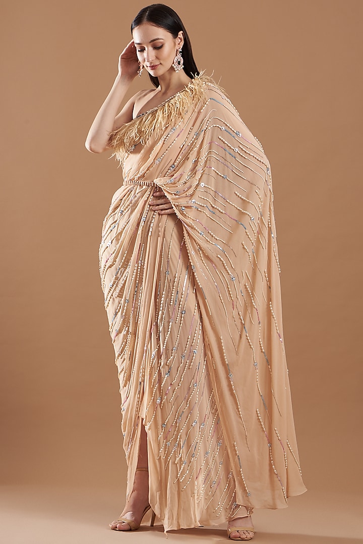 Gold Hand Embroidered Gown saree by VIVEK PATEL at Pernia's Pop Up Shop