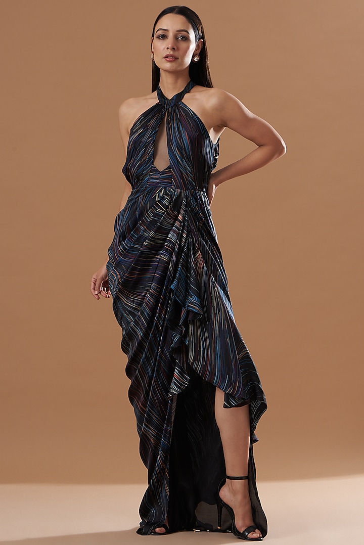 Black Digital Printed Gown by VIVEK PATEL at Pernia's Pop Up Shop