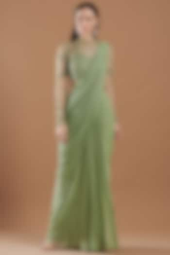 Olive Green Hand Embellished Gown Saree by VIVEK PATEL at Pernia's Pop Up Shop