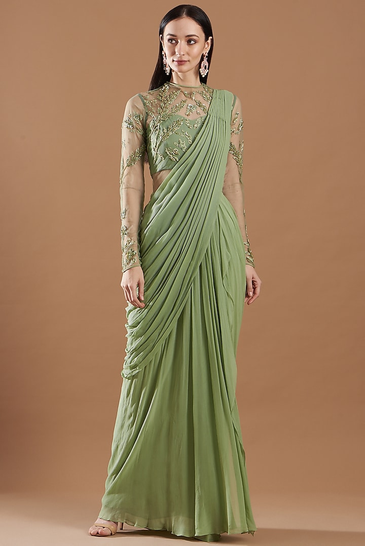 Olive Green Hand Embellished Gown Saree by VIVEK PATEL
