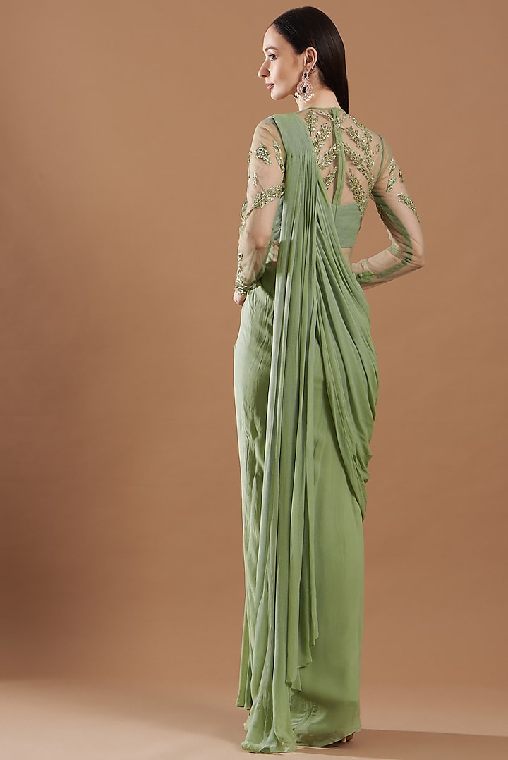 Olive Green Hand Embellished Wedding Gown Saree by Vivek Patel at Pernia's Pop Up Shop