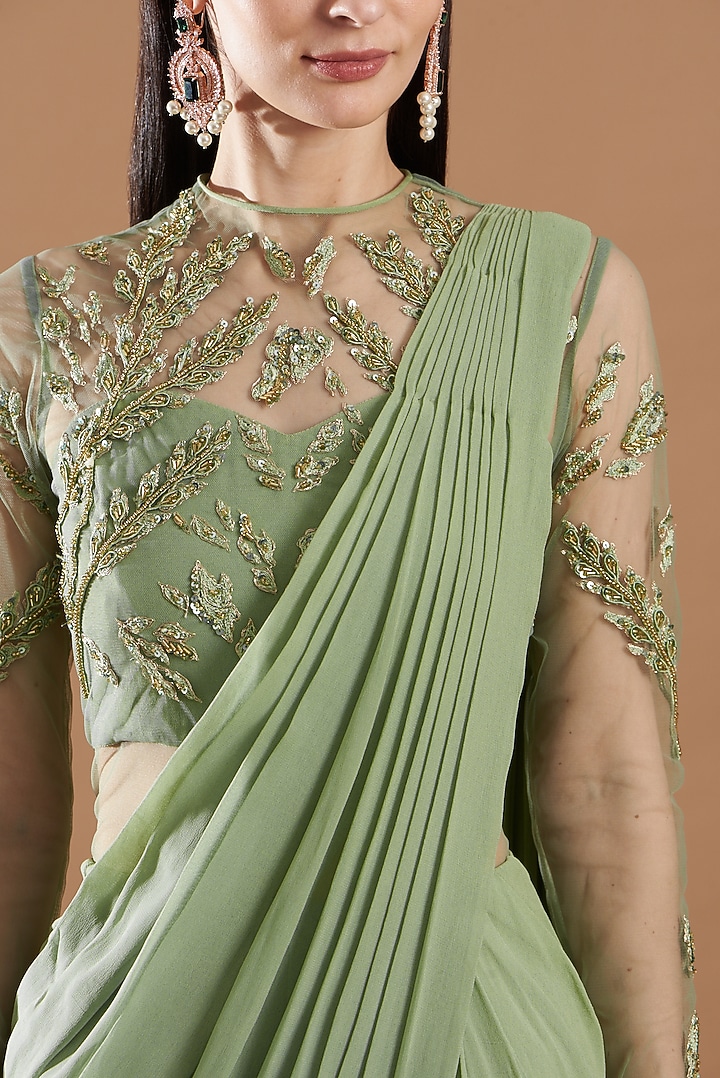 Olive Green Hand Embellished Wedding Gown Saree by Vivek Patel at Pernia's Pop Up Shop