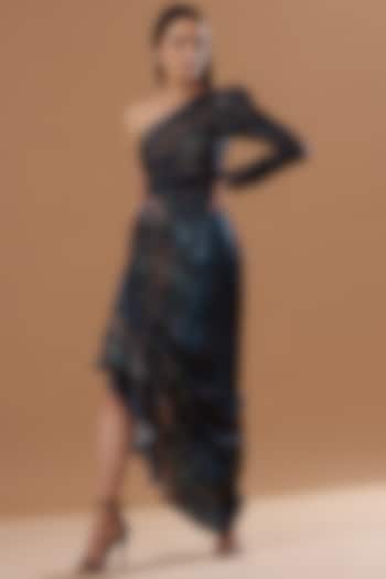 Black One Shoulder Printed Dress by VIVEK PATEL