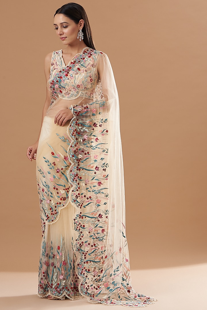 Beige Tulle Embroidered Saree Set by VIVEK PATEL