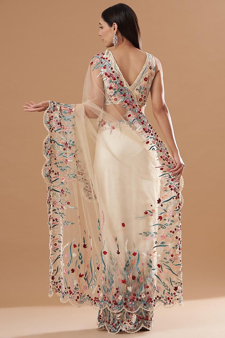 Beige Tulle Embroidered Wedding Saree Set by Vivek Patel at Pernia's Pop Up Shop