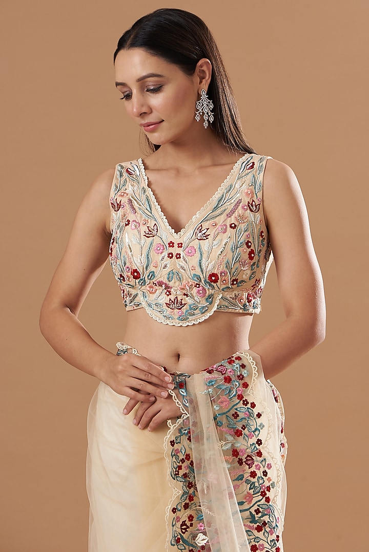 Beige Tulle Embroidered Wedding Saree Set by Vivek Patel at Pernia's Pop Up Shop