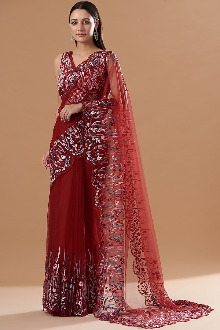 Red Tulle Embroidered Saree Set by VIVEK PATEL