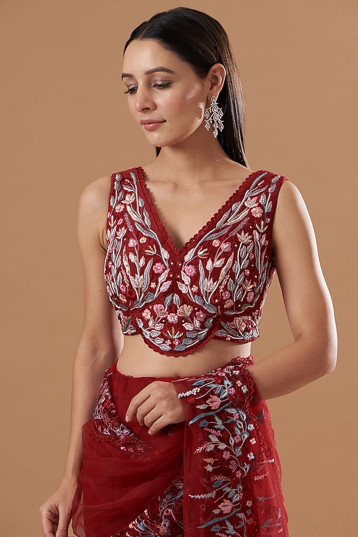 Red Tulle Resham Embroidered Wedding Saree Set by Vivek Patel at Pernia's Pop Up Shop
