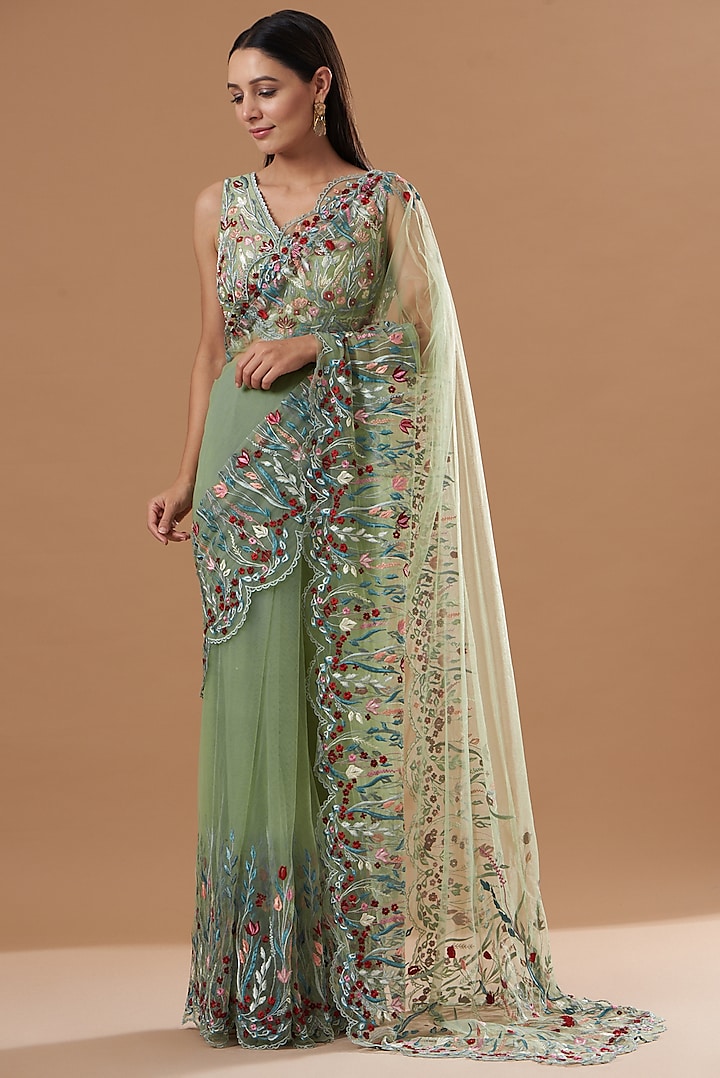 Green Embroidered Saree Set by VIVEK PATEL