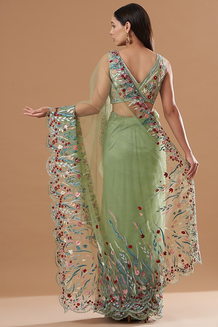 Apple Green Tulle Resham Embroidered Wedding Saree Set by Vivek Patel at Pernia's Pop Up Shop
