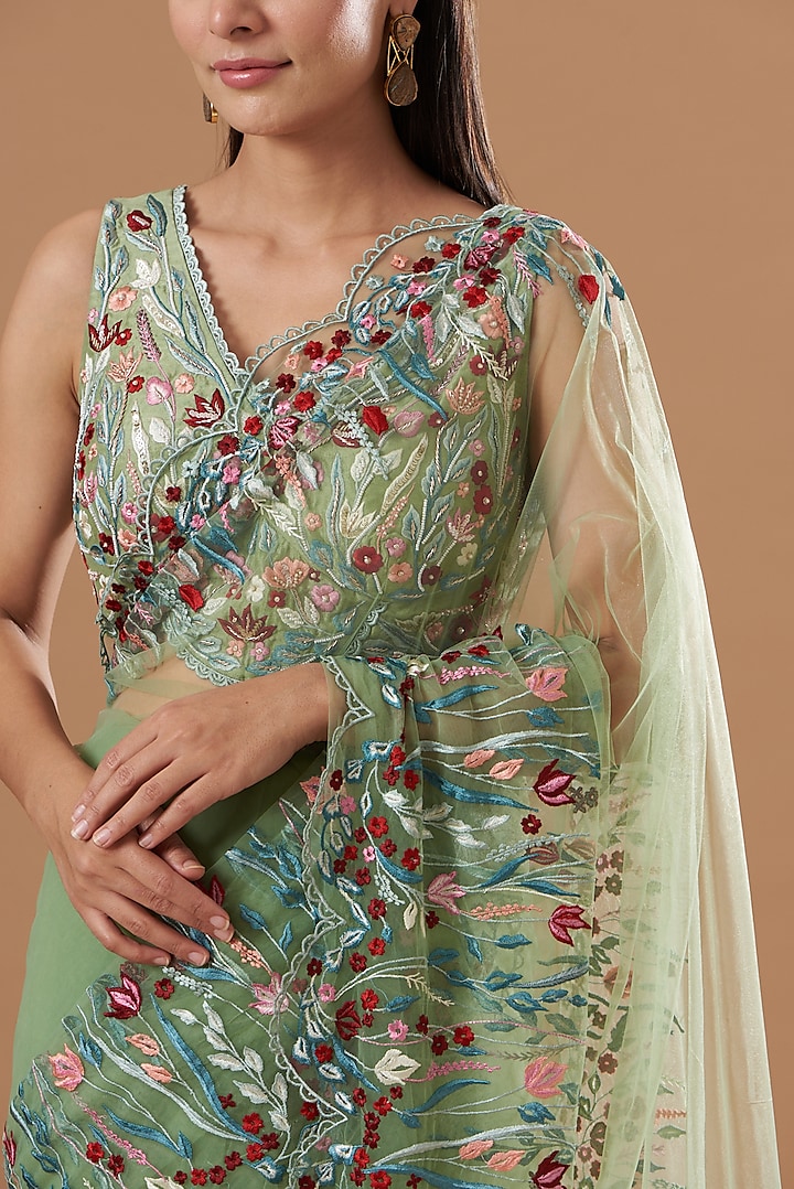 Apple Green Tulle Resham Embroidered Wedding Saree Set by Vivek Patel at Pernia's Pop Up Shop