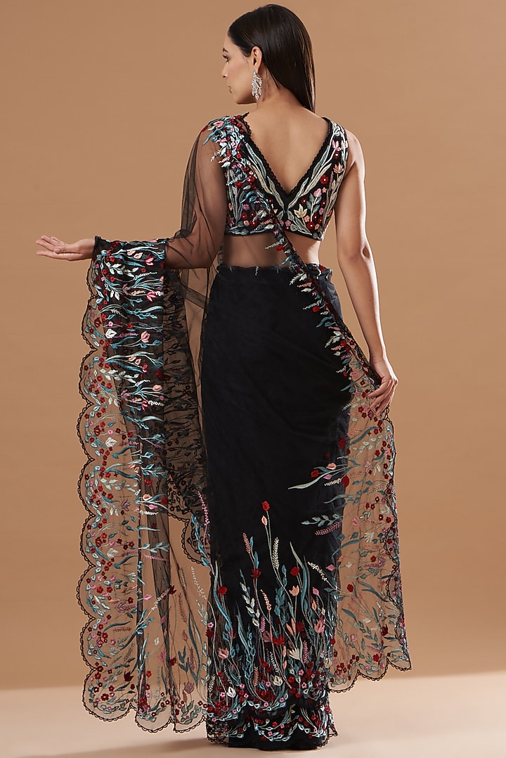 Black Tulle Resham Embroidered Wedding Saree Set by Vivek Patel at Pernia's Pop Up Shop