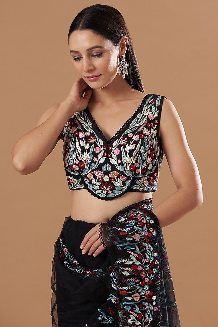 Black Tulle Resham Embroidered Wedding Saree Set by Vivek Patel at Pernia's Pop Up Shop