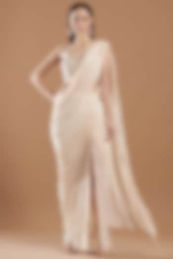 White Embellished Pre-Draped Saree Set by VIVEK PATEL