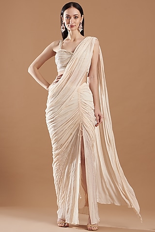 White Embellished Pre-Draped Saree Set by Vivek Patel