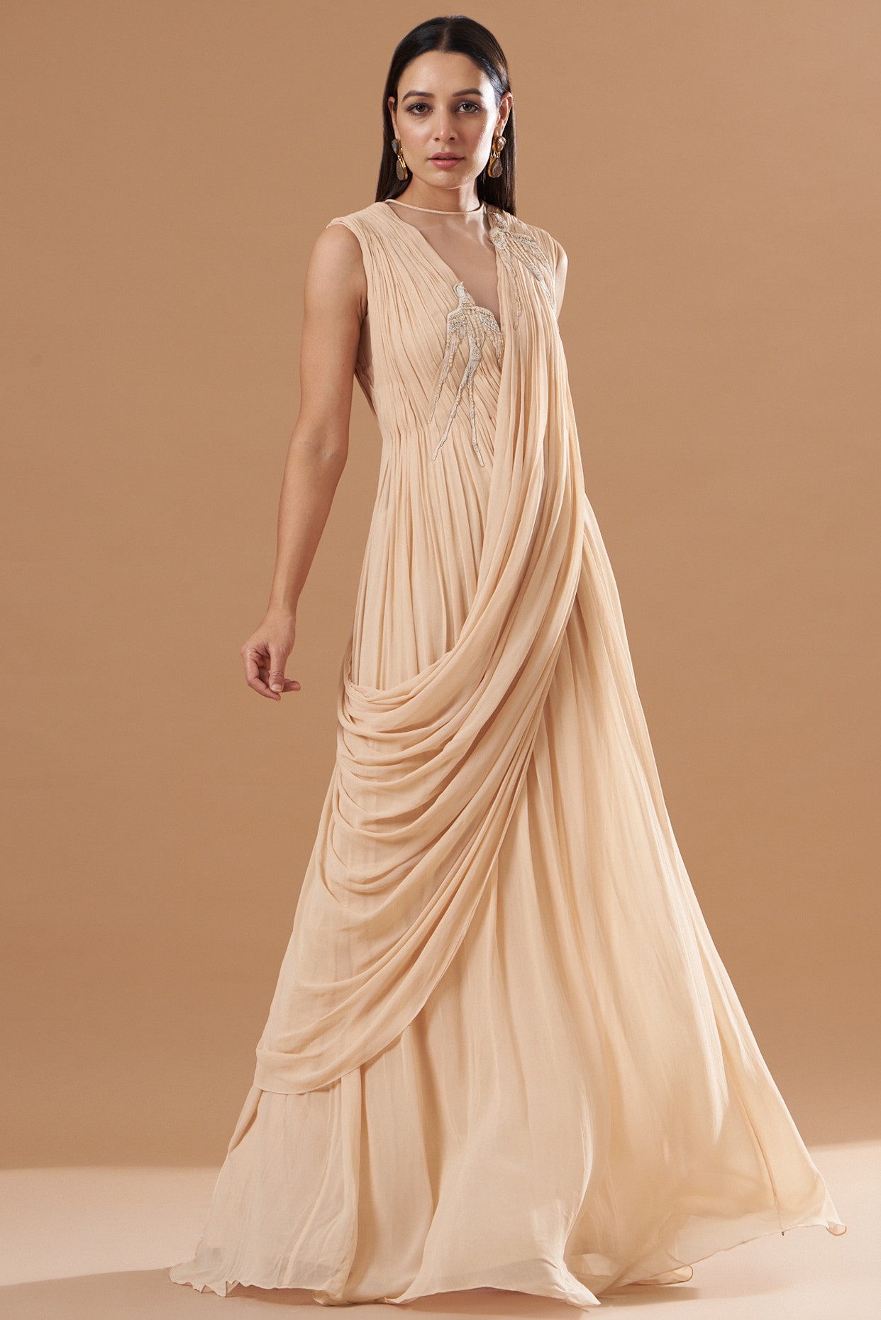 Buy Beige Silk Crepe Plain Asymmetric Pre-draped Saree Gown For Women by  Ilk Online at Aza Fashions.