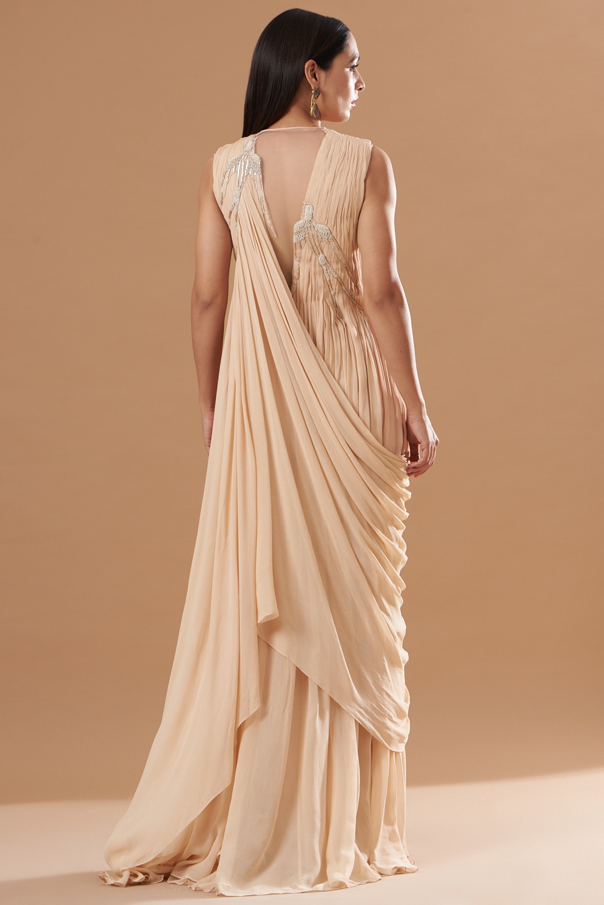 Beige Georgette Pre-Draped Saree Gown Design by VIVEK PATEL at Pernia's Pop  Up Shop 2024