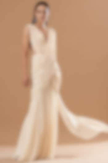 White Georgette Pre-Draped Saree Gown by VIVEK PATEL