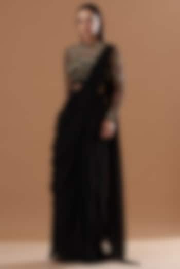 Black Embellished Saree Gown by VIVEK PATEL