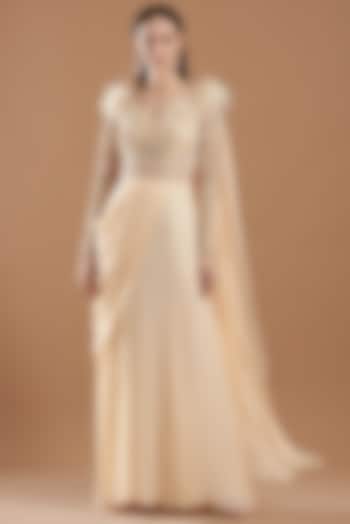 Ecru Embellished Gown Saree by VIVEK PATEL
