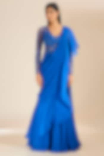 Teal Blue Georgette & Silk Organza Glass Bead Embellished Lehenga Gown Saree by Vivek Patel at Pernia's Pop Up Shop