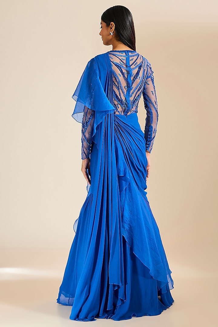 Teal Blue Georgette & Silk Organza Glass Bead Embellished Lehenga Reception Gown Saree by Vivek Patel at Pernia's Pop Up Shop