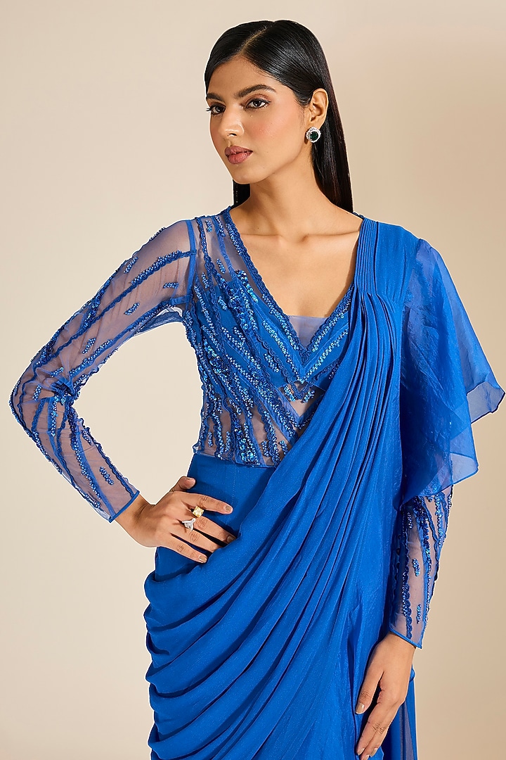Teal Blue Georgette & Silk Organza Glass Bead Embellished Lehenga Reception Gown Saree by Vivek Patel at Pernia's Pop Up Shop