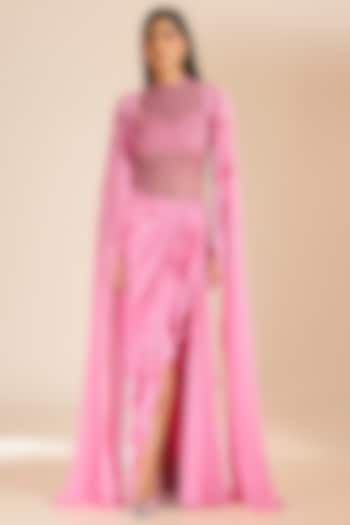 Pink Silk Crepe Cutdana Embellished Gown Saree by Vivek Patel at Pernia's Pop Up Shop