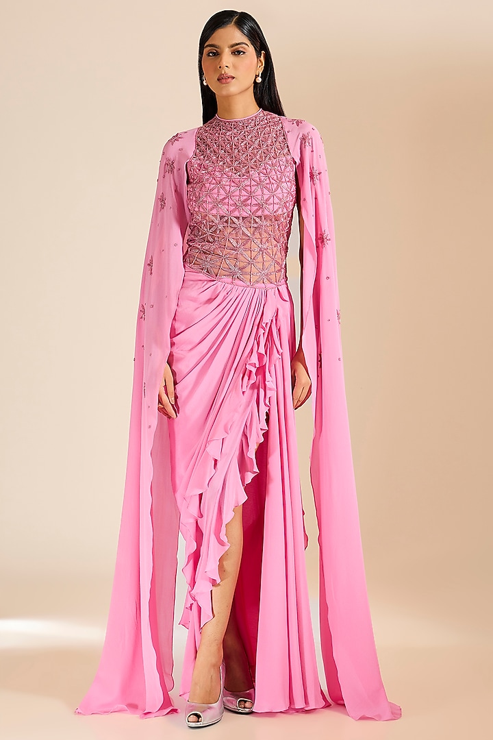 Pink Silk Crepe Cutdana Embellished Gown Saree by Vivek Patel at Pernia's Pop Up Shop