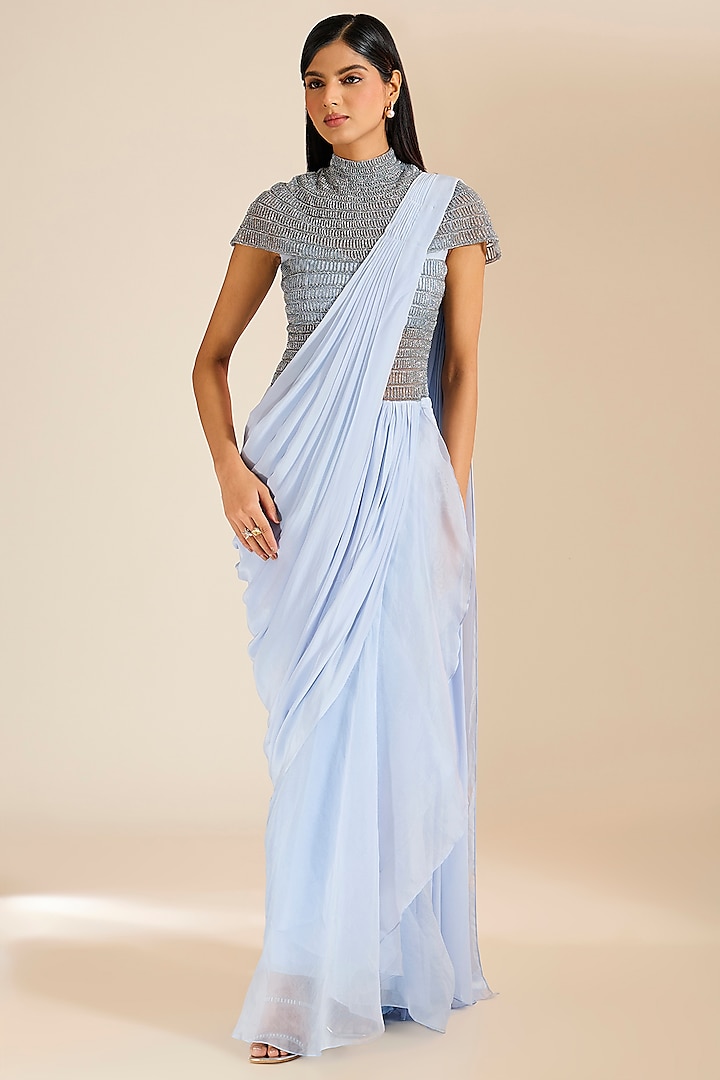 Blue Crepe Glass Beads Embellished Gown Saree by Vivek Patel at Pernia's Pop Up Shop