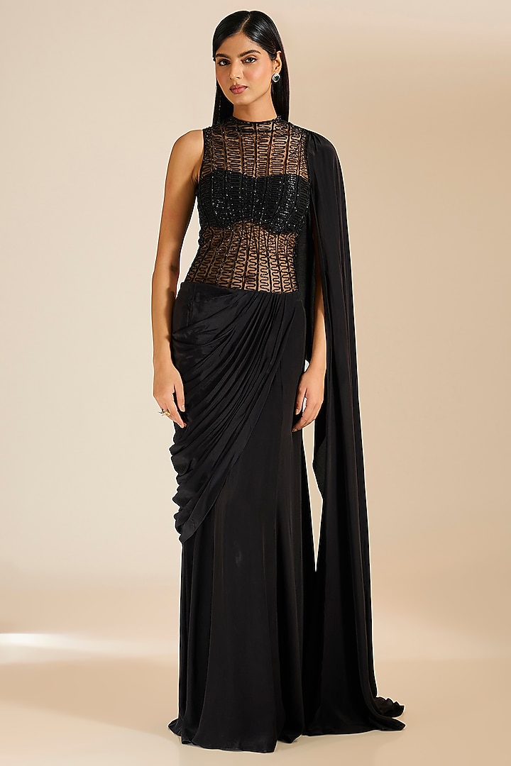 Black Crepe Cutdana Embellished Gown Saree by Vivek Patel at Pernia's Pop Up Shop