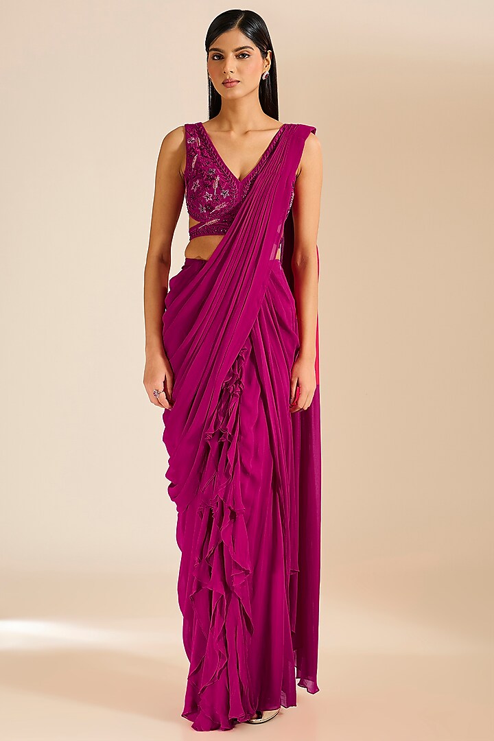 Fuchsia Georgette Ruffled Pre-Draped Saree Set by Vivek Patel at Pernia's Pop Up Shop