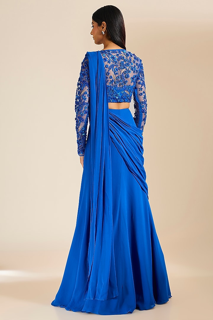 Teal Blue Georgette Pre-Draped Wedding Saree Set by Vivek Patel at Pernia's Pop Up Shop