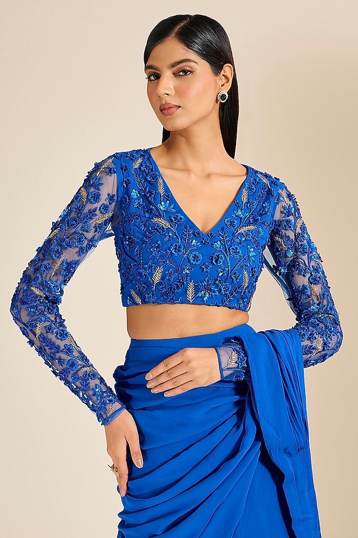 Teal Blue Georgette Pre-Draped Wedding Saree Set by Vivek Patel at Pernia's Pop Up Shop