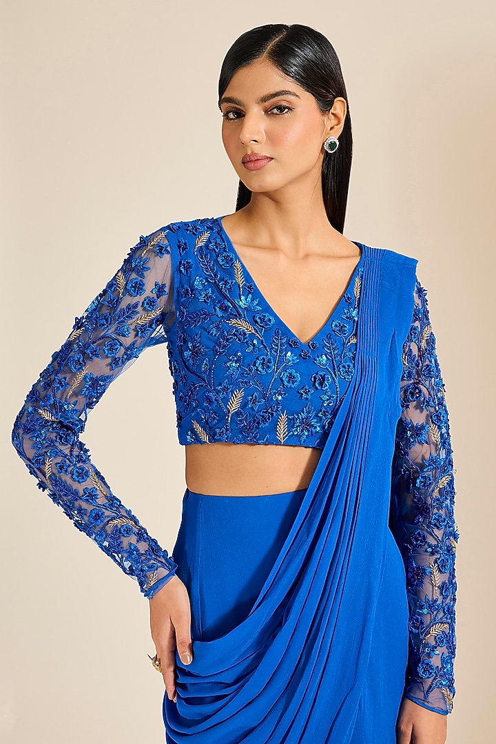 Teal Blue Georgette Pre-Draped Wedding Saree Set by Vivek Patel at Pernia's Pop Up Shop