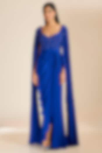 Teal Blue Silk Crepe Pearl Embellished Gown Saree by Vivek Patel at Pernia's Pop Up Shop