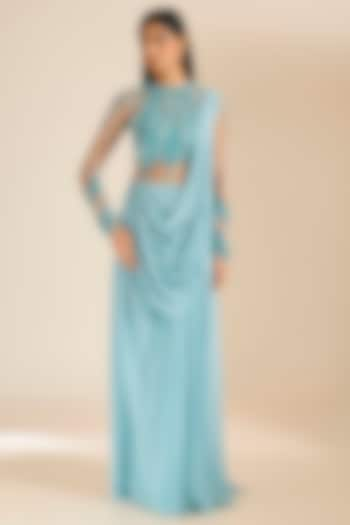 Blue Georgette Bugle Bead Embellished Pre-Draped Gown Saree by Vivek Patel at Pernia's Pop Up Shop