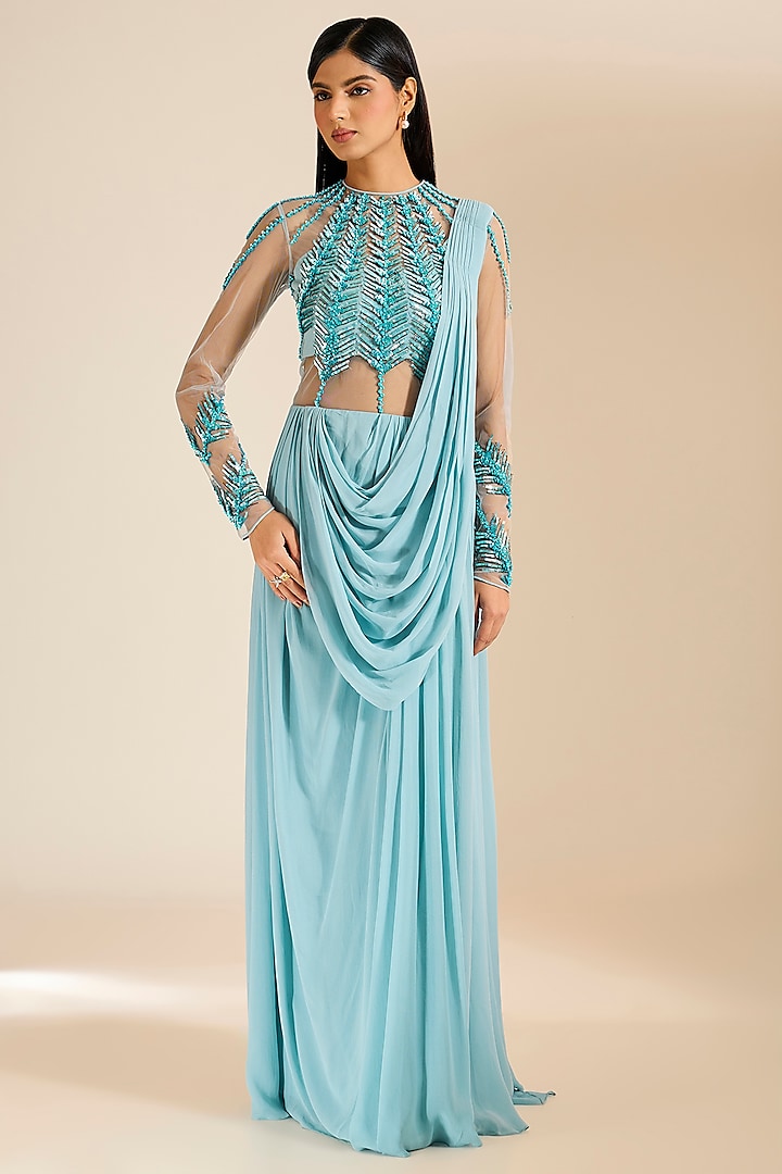 Blue Georgette Bugle Bead Embellished Pre-Draped Gown Saree by Vivek Patel at Pernia's Pop Up Shop