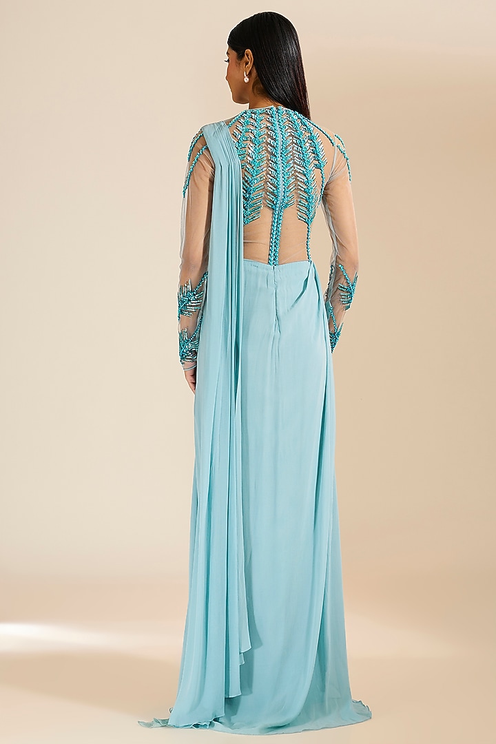 Blue Georgette Bugle Bead Embellished Pre-Draped Wedding Gown Saree by Vivek Patel at Pernia's Pop Up Shop