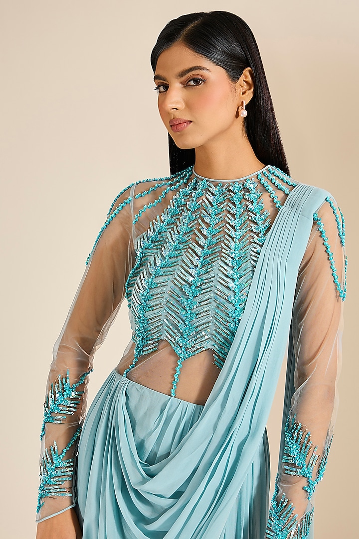 Blue Georgette Bugle Bead Embellished Pre-Draped Wedding Gown Saree by Vivek Patel at Pernia's Pop Up Shop