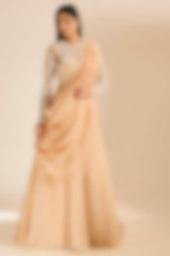 Beige Silk Organza Pearl Embellished Lehenga Gown Saree by Vivek Patel at Pernia's Pop Up Shop