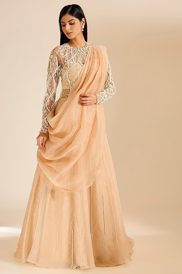 Beige Silk Organza Pearl Embellished Lehenga Gown Saree by Vivek Patel at Pernia's Pop Up Shop